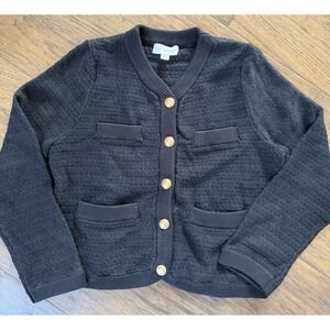 Free Assembly Womens Black Textured Knit Cardigan Gold Button Sweater Size M‎